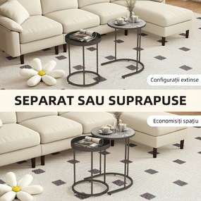 HOMCOM Set de 2 Măsuțe de Cafea în Stil Industrial, din Lemn și Metal, Ø42x54 cm și Ø36.5x48.5 cm, Gri și Negru | Aosom Romania