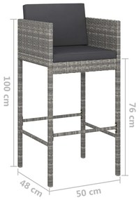 Set mobilier bar de gradina, cu perne, 3 piese, gri, poliratan Gri, 60 x 60 x 110 cm, 3