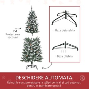 HOMCOM Brad de Crăciun Înzăpezit cu 464 crengi și 28 conuri, Brad Artificial cu Bază Detașabilă, Ø69x150 cm, Verde | Aosom Romania