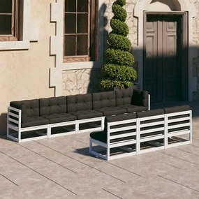 Set mobilier de gradina cu perne, 8 piese, alb, lemn masiv pin Alb, 1