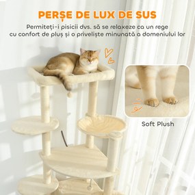 PawHut Ansablu de joacă pentru pisici, 2 căsuțe, 2 paturi și hamac, 200cm, bej | Aosom Romania