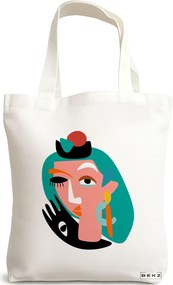 Sacosa de Panza pentru Cumparaturi, Geanta Tote, model Abstract face, 38x34.5 cm, Alba, BEKZ®
