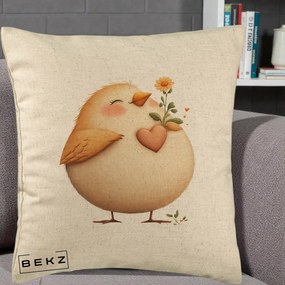 Perna Decorativa Pui cu Inima si Floarea-Soarelui, 40x40 cm, Bej, Husa Detasabila, Perna Inclusa, BEKZ®