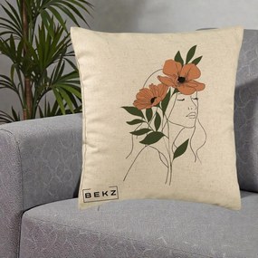 Perna Decorativa Portret Feminin Doua Maci Terracotta, 40x40 cm, Bej, Husa Detasabila, Perna Inclusa, BEKZ®