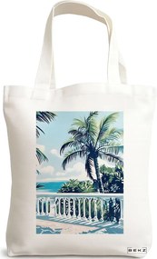 Sacosa de Panza pentru Cumparaturi, Geanta Tote, model Tropical Sunset 2 38 x 34.5 cm, Alba, BEKZ®
