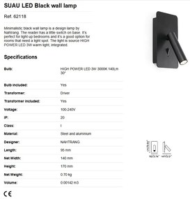 Aplica cu reader LED minimalista SUAU neagra 62118