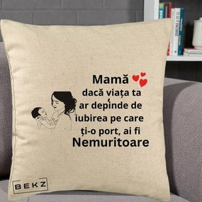 Cadou pentru Mama - Perna Personalizata Mama Nemuritoare Imbratisare Copil, 40x40 cm, Bej, Husa Detasabila, Perna Inclusa, BEKZ®