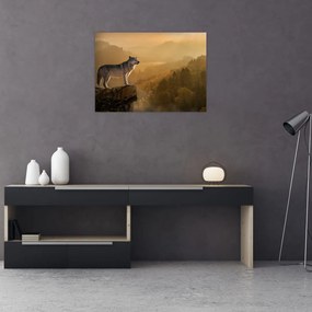 Tablou pe sticlă - Lup pe stăncă (70x50 cm)
