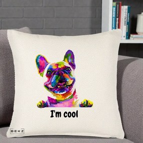 Perna Personalizata Bulldog Francez I'm Cool, 40x40 cm, Crem Reliefat, Husa Detasabila, Perna Inclusa, BEKZ®