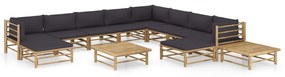 Set mobilier de gradina, 12 piese, perne gri inchis, bambus Morke gra, 3x colt + 5x mijloc + 2x suport pentru picioare + 2x masa, 1
