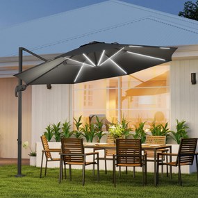Outsunny Umbrelă de Soare Exterioară cu Lumini LED și Unghi Reglabil, Umbrelă de Grădină din Aluminiu și Poliester, Ø3x2.5 m, Gri | Aosom Romania