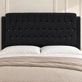 Pat tapițat Chesterfield din catifea Aveline Deluxe 160×200 cm, negru, cu ladă de depozitare