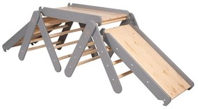 Triunghi Pikler de cățărat gri/în culoare naturală din lemn de pin 265x61x60 cm Montessori – Meowbaby