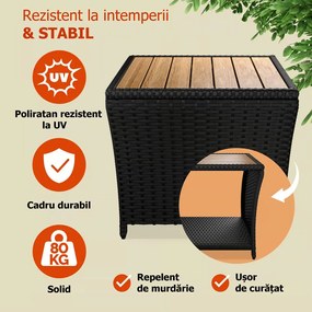 Măsuță auxiliară din poliratan ROCCO cu lemn de acacia, 40x45x45cm, negru/maro Casaria