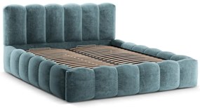 Pat matrimonial albastru tapițat cu spațiu de depozitare cu somieră 200x200 cm Lupine – Micadoni Home