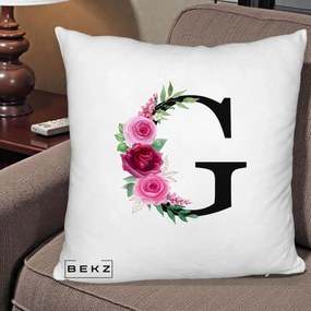 Cadou Personalizat - Perna Personalizata Monograma Florala Litera G, 40x40 cm, Alb Pufos, Husa Detasabila, Perna Inclusa, BEKZ®