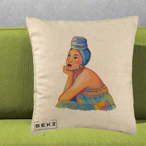 Perna Decorativa Portret Femeie Contemplativa, 40x40 cm, Bej, Husa Detasabila, Perna Inclusa, BEKZ®