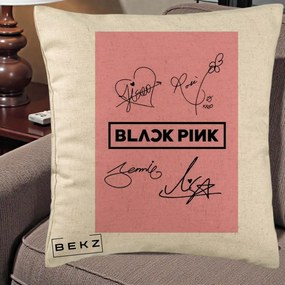 Perna Personalizata K-pop BLACKPINK Semnaturi Roz, 40x40 cm, Bej, Husa Detasabila, Perna Inclusa, BEKZ®