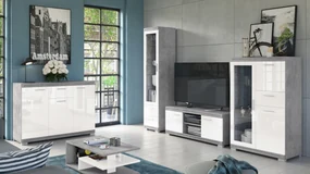 Mazzoni Mobilier perete SIMPLE Beton Millennium/Alb Luciu - COMODĂ TV VITRINĂ DOUĂ COMODE PENTRU LIVING