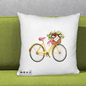 Perna Decorativa Bicicleta Galbena cu Cos de Flori Primavara, 40x40 cm, Alb Pufos, Husa Detasabila, Perna Inclusa, BEKZ®