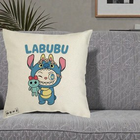 Perna Personalizata Labubu x Stitch cu Flori, 40x40 cm, Ecru, Husa Detasabila, Perna Inclusa, BEKZ®