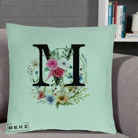 Cadou Personalizat - Perna Personalizata Monogram Litera M cu Flori Acuarela, 40x40 cm, Verde Menta, Husa Detasabila, Perna Inclusa, BEKZ®