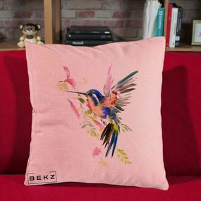 Perna Decorativa Colibri Acuarela, 40x40 cm, Roz, Husa Detasabila, Perna Inclusa, BEKZ®