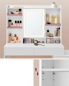 Masuta machiaj cu Oglinda LED si 6 Sertare pentru Cosmetice, Set Masa toaleta 118 cm, Alb, masuta cosmetica, vanity - SEA95