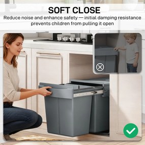 HOMCOM Coș de gunoi retractabil sub chiuvetă, 2 găleți de 20L, Gri | Aosom Romania