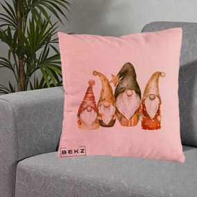 Perna Decorativa Gnomi de Craciun Patru, 40x40 cm, Roz, Husa Detasabila, Perna Inclusa, BEKZ®