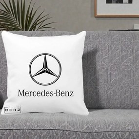 Perna Personalizata cu emblema Mercedes-Benz, 40x40 cm, Alba Mata, Husa Detasabila, Perna Inclusa, BEKZ®