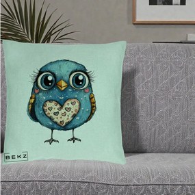 Perna Decorativa Bufnita Albastra cu Inimioare, 40x40 cm, Verde Menta, Husa Detasabila, Perna Inclusa, BEKZ®
