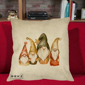 Perna Decorativa Gnomi de Craciun Patru, 40x40 cm, Crem, Husa Detasabila, Perna Inclusa, BEKZ®