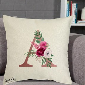 Cadou Personalizat - Perna Personalizata Monograma Rose Gold Litera A, 40x40 cm, Ecru, Husa Detasabila, Perna Inclusa, BEKZ®