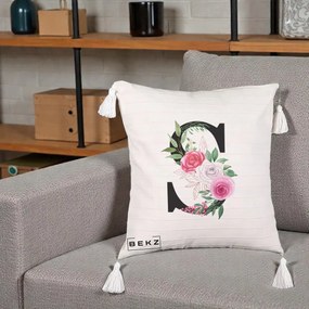Cadou Personalizat - Perna Personalizata Monograma Florala Litera S, 40x40 cm, Bej cu Franjuri, Husa Detasabila, Perna Inclusa, BEKZ®