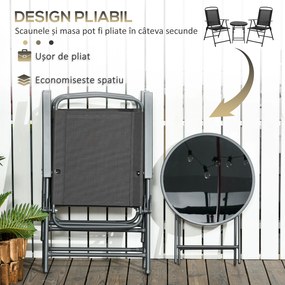 Outsunny Set de Exterior din 3 Piese cu Masă cu Blat din Sticlă și 2 Scaune Pliabile din Plasă, Ф45x50 cm, Gri Deschis | Aosom Romania