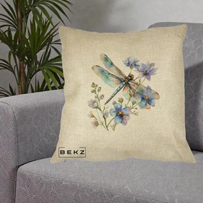 Perna Decorativa Libelula Acuarela Flori Albastre, 40x40 cm, Crem, Husa Detasabila, Perna Inclusa, BEKZ®