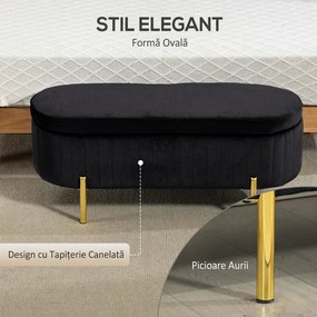 HOMCOM Bancă de Depozitare Ovală 72L cu Capac Rabatabil, din Catifea și Lemn, 108 x 44 x 43,5 cm, Negru | Aosom Romania