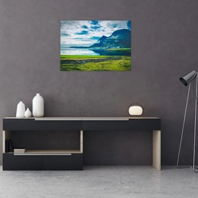 Tablou pe sticlă cu lac și munți (70x50 cm)