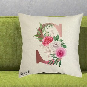Cadou Personalizat - Perna Personalizata Monograma Rose Gold Litera S, 40x40 cm, Ecru, Husa Detasabila, Perna Inclusa, BEKZ®