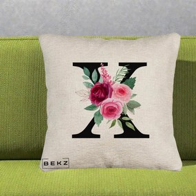 Cadou Personalizat - Perna Personalizata Monograma Florala Litera X cu Buchet, 40x40 cm, Bej Canapea, Husa Detasabila, Perna Inclusa, BEKZ®