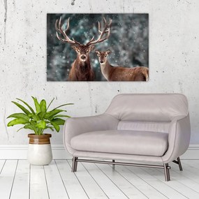 Tablou - Cerb și căprioare în pădurea înzăpezită (90x60 cm)