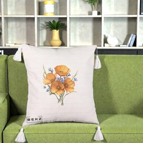 Perna Decorativa Maci Portocalii cu Floricele Albastre, 40x40 cm, Bej cu Franjuri, Husa Detasabila, Perna Inclusa, BEKZ®
