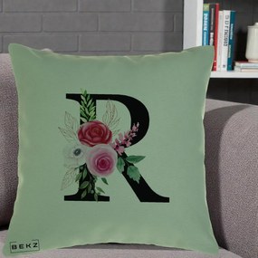 Cadou Personalizat - Perna Personalizata Monograma Florala Litera R, 40x40 cm, Verde, Husa Detasabila, Perna Inclusa, BEKZ®
