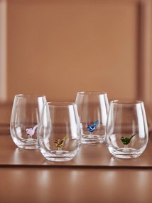 Set 4 pahare din sticlă suflată manual, transparente, cu decor de pasăre pictat, 9x12 cm, 560 ml, „Misa"