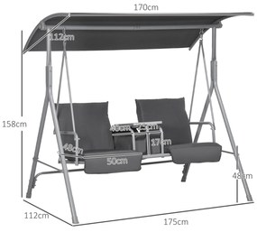 Outsunny Balansoar Exterior cu Măsuță de Cafea și Suport Central pentru Pahare, Leagăn Metalic cu 2 Locuri și Acoperiș, 175x112x158 cm, Gri