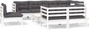 vidaXL Set mobilier grădină cu perne, 9 piese, alb, lemn masiv pin