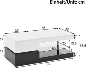 Masă de cafea cu iluminare ambientală LED, poliță din sticlă &amp; finisaj lucios, 90x45x35,5 cm, Alb+Negru