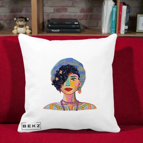 Perna Decorativa Portret Femeie Etnic Colorat, 40x40 cm, Alba Mata, Husa Detasabila, Perna Inclusa, BEKZ®