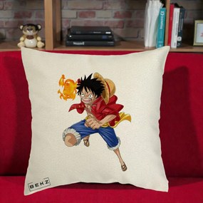 Perna Personalizata One Piece Luffy Gear Second Foc, 40x40 cm, Ecru, Husa Detasabila, Perna Inclusa, BEKZ®